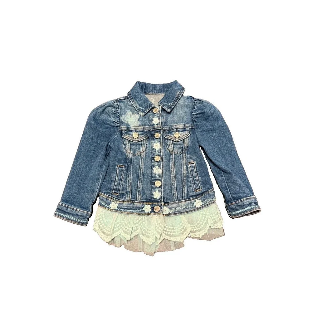 Upcycled Custom Designed Toddler Denim Jacket- 3T - Blue Flowers, Beads, Tulle